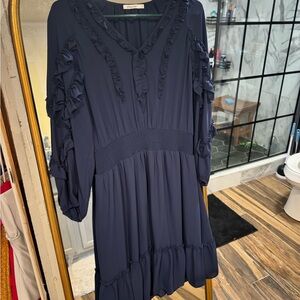 Chico's Navy Long Sleeve Ruffle Dress
